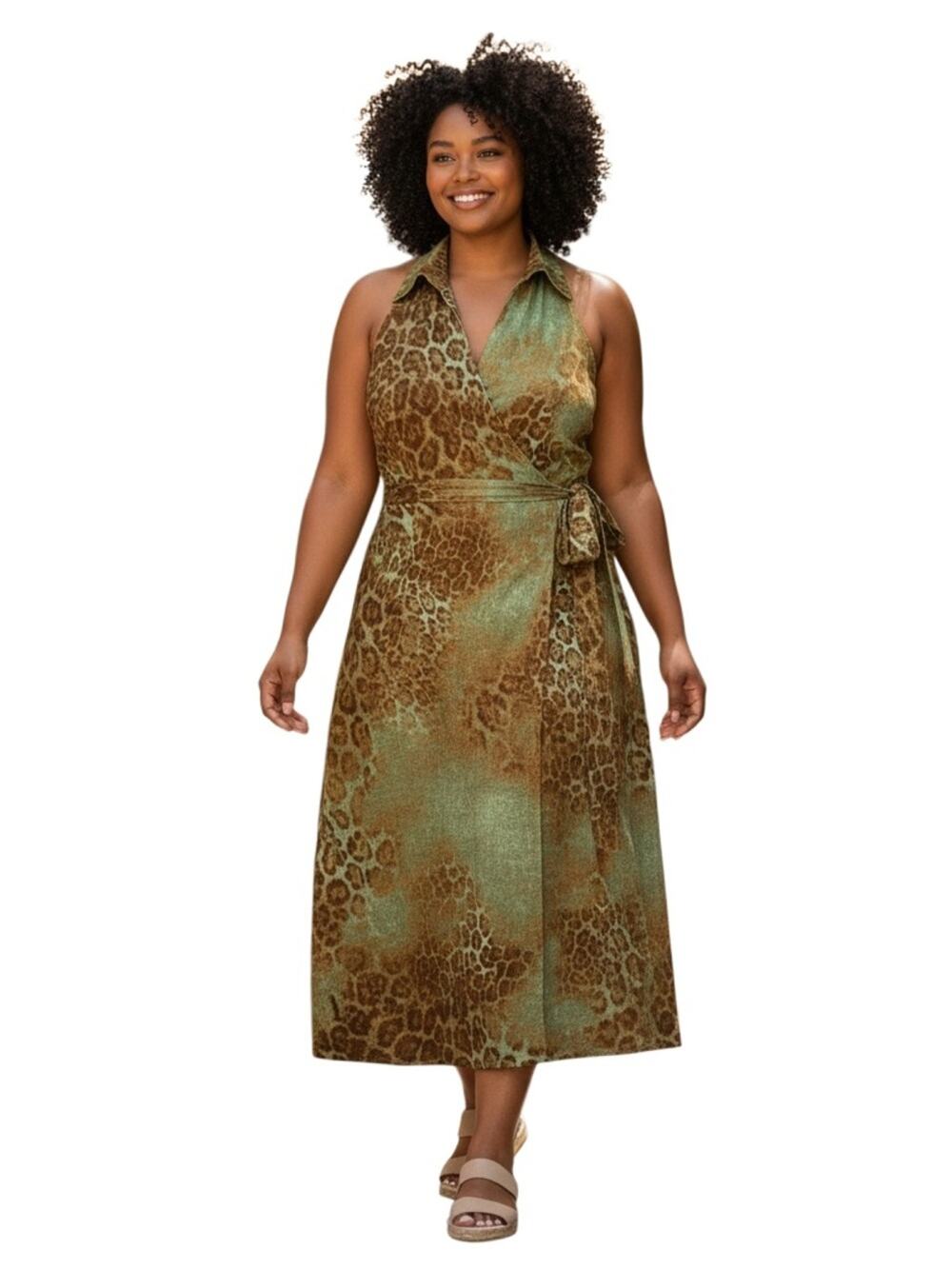 Simorra Barcelona Linen Wrap Dress Size 12 Brown Sage Leopard Green Designer